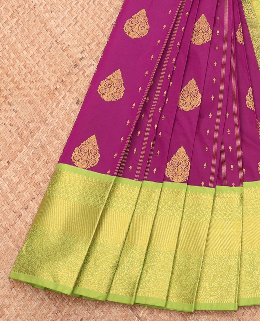 Purple Budget Silk Saree, Detailed with Zari Buttas and Stripes, Complemented by a Contrast Traditional Zari Border, Jaal Pallu, and a Contrast Blouse
