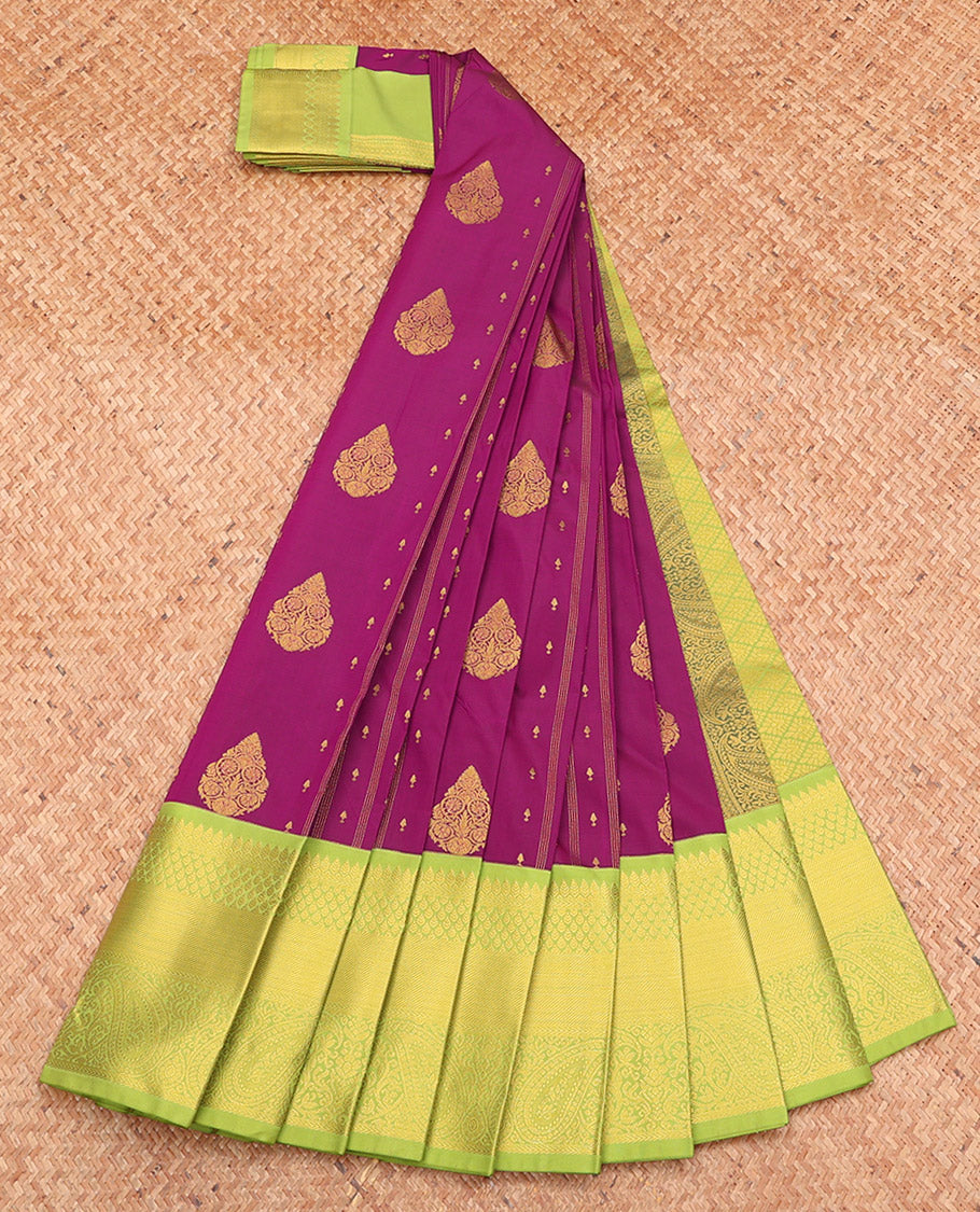Purple Budget Silk Saree, Detailed with Zari Buttas and Stripes, Complemented by a Contrast Traditional Zari Border, Jaal Pallu, and a Contrast Blouse