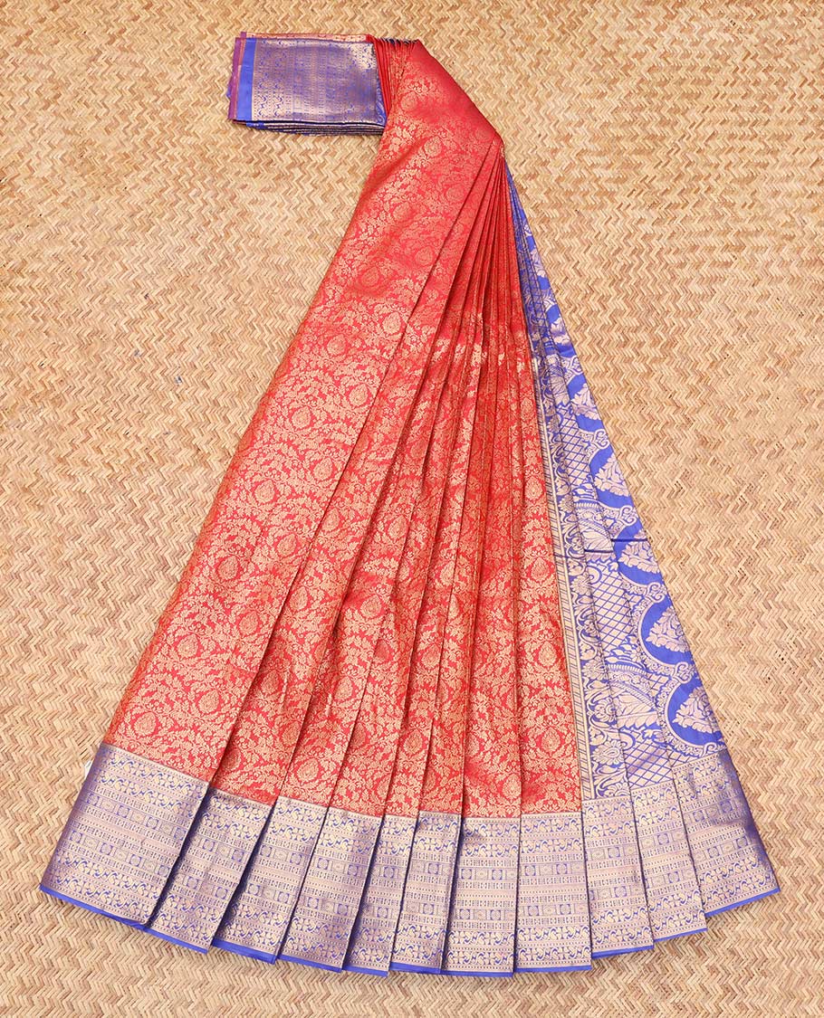 Red Budget Silk Saree, Delicately Woven Jacquard Design, Complemented by Contrast Traditional Zari Border, a Grand Pallu and a Contrast Blouse