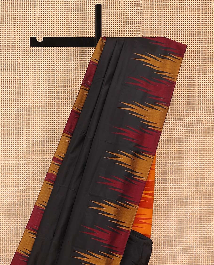 Black plain Bangalore silk saree, contrast temple border, and striped pallu