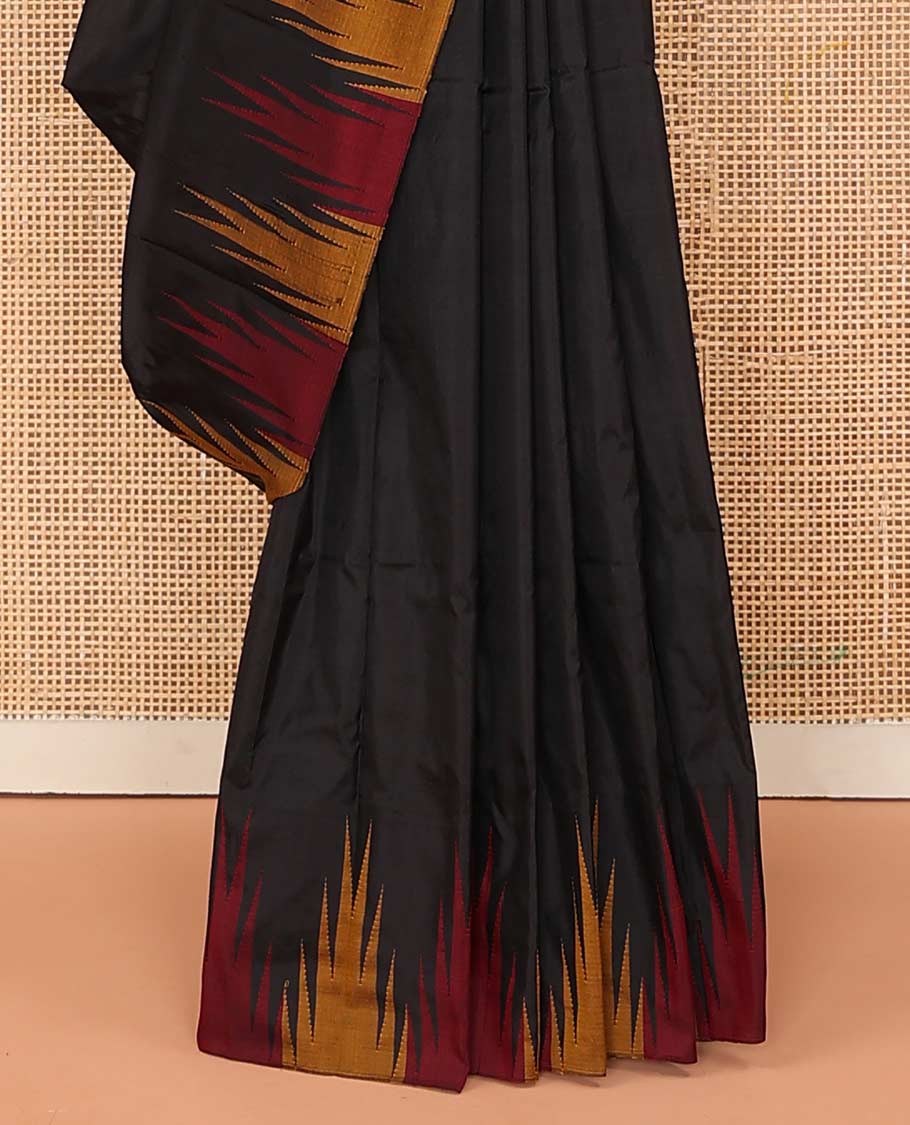 Black plain Bangalore silk saree, contrast temple border, and striped pallu