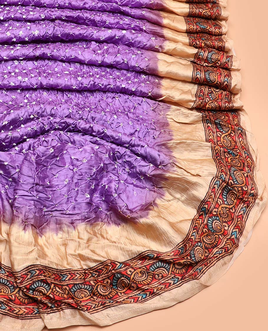 Lavender bandhani dotted bandhani silk saree, contrast border and pallu of floral print