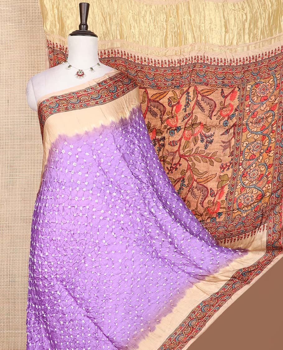 Lavender bandhani dotted bandhani silk saree, contrast border and pallu of floral print
