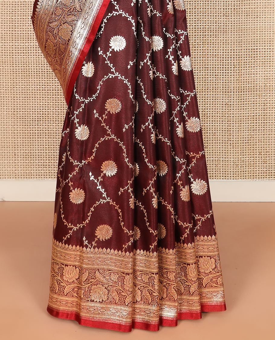 Brown floral jaal jacquard banarasi silk saree, floral creeper design border, and intricate ogee patterned pallu