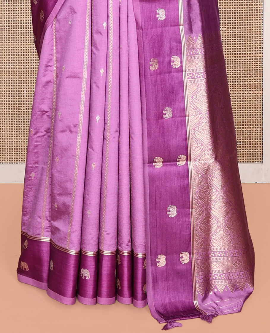 Pink Satin Silk Saree, Adorned with Buttas and Stripes, Complemented by a Contrast Elephant Motif Border, Grand Jaal Pallu, and a Contrast Blouse