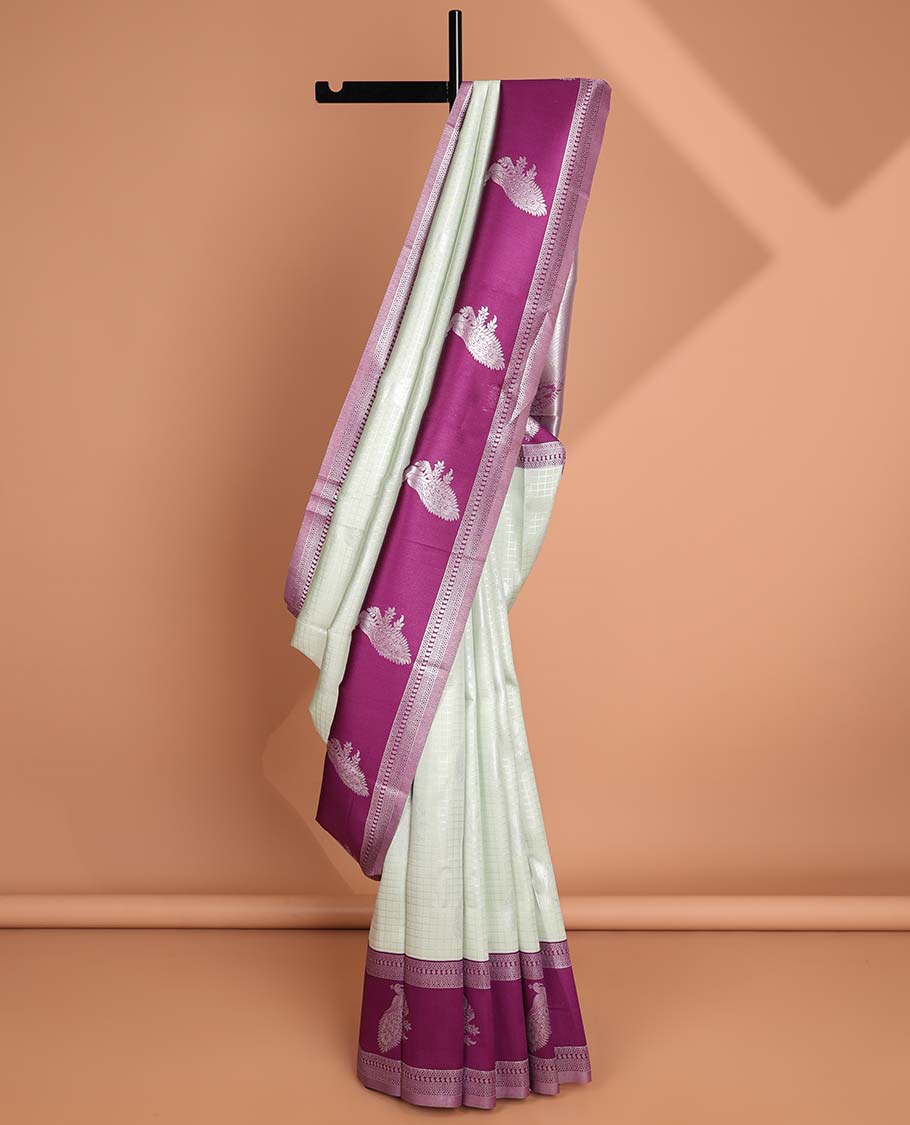 Beige checked, floraldesign litchi silk saree with contrast zari design border & floral zari design pallu