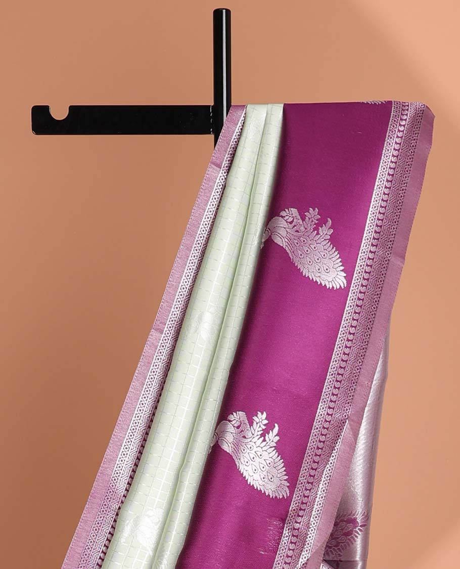 Beige checked, floraldesign litchi silk saree with contrast zari design border & floral zari design pallu