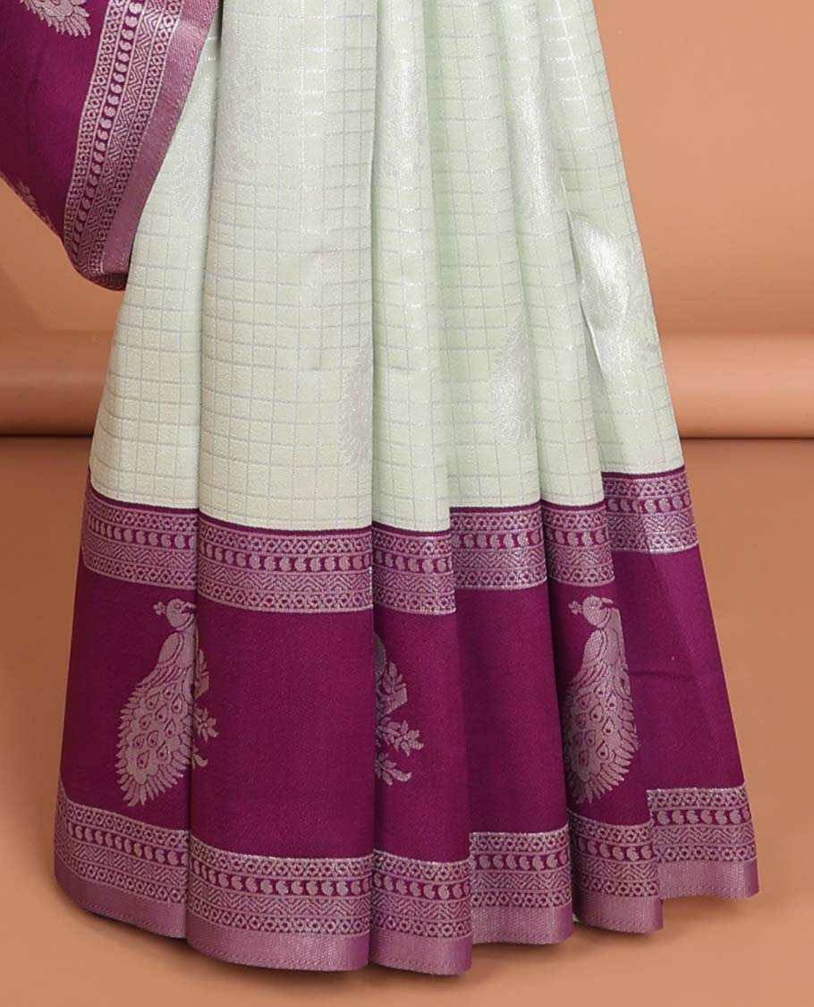 Beige checked, floraldesign litchi silk saree with contrast zari design border & floral zari design pallu