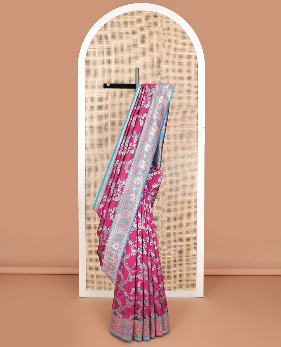 Red floral jaal design butter silk saree with contrast intricate zari design border & floral design pallu
