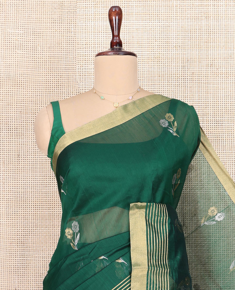 Green Chanderi Cotton Saree, Delicately Woven with Floral Buttas All Over Its Body, Highlighted by Zari Border, Pallu of Stripes, and Paired with a Matching Blouse