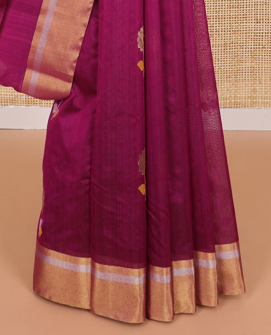 Dark pink floral motifs chanderi cotton saree with contrast zari design border & striped pallu