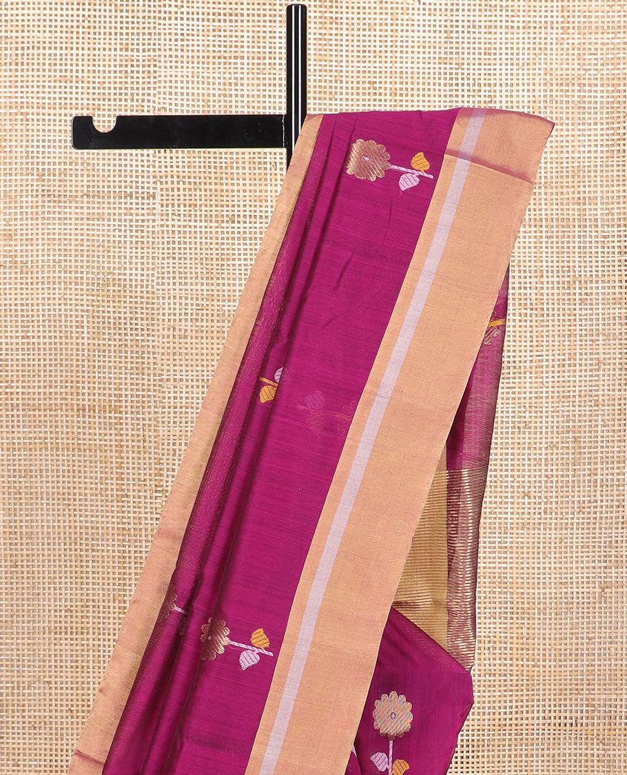 Dark pink floral motifs chanderi cotton saree with contrast zari design border & striped pallu