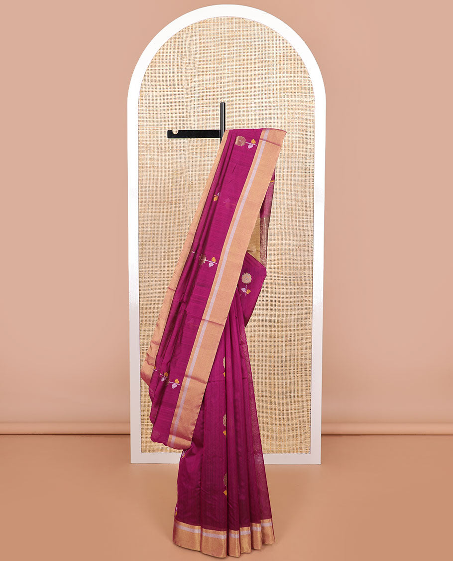 Dark pink floral motifs chanderi cotton saree with contrast zari design border & striped pallu