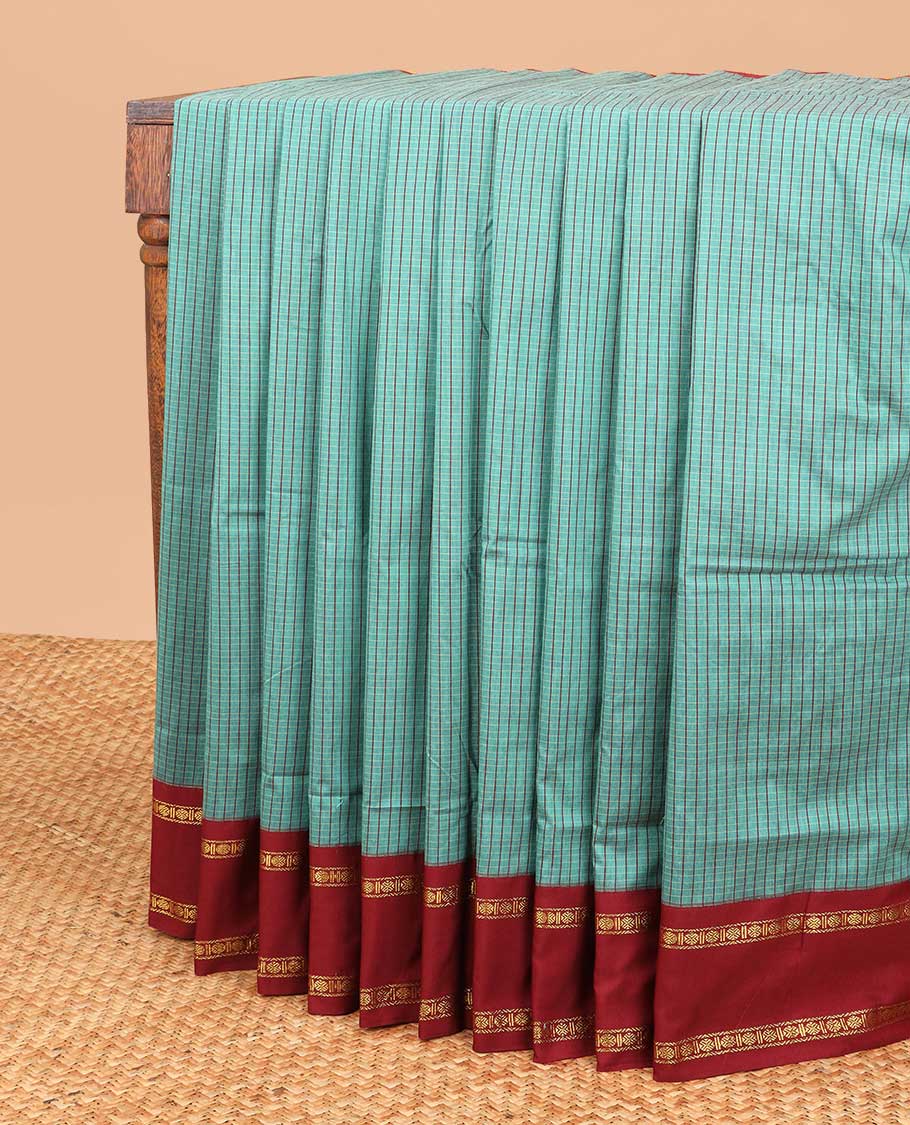 Blue checked nine yards cotton saree with contrast zari design border & striped zari design pallu