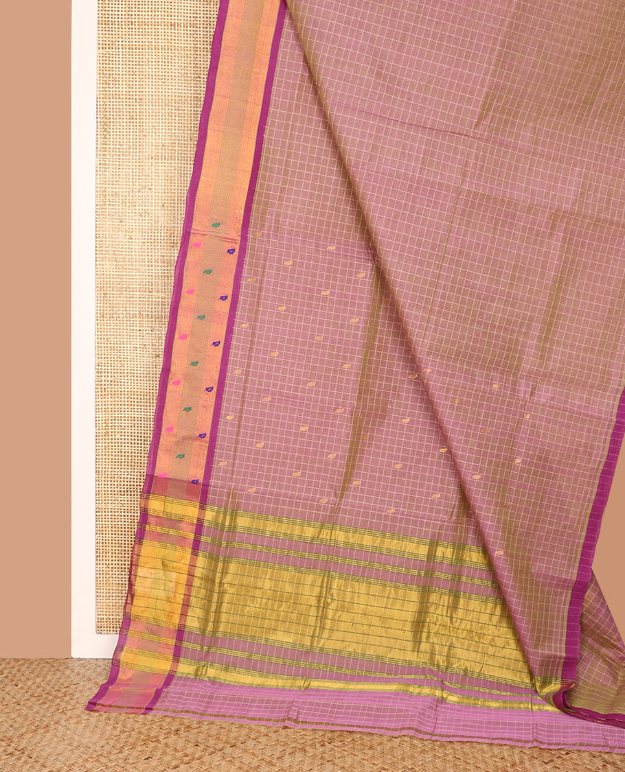 Pink Venkatagiri Cotton Saree, Crafted with Buttas and Checks on Its Body, Complemented by a Contrast Thread and Zari Border, Gleaming Zari-Striped Pallu, and Comes Without a Blouse