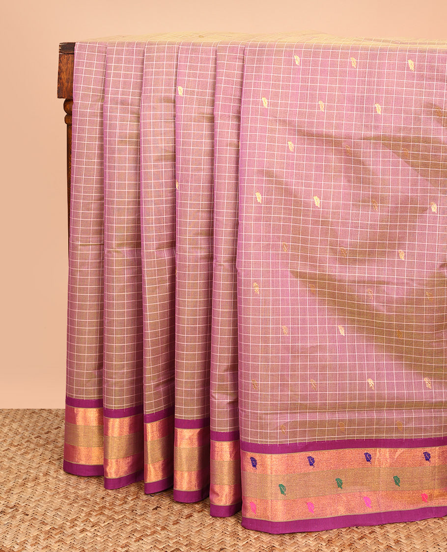 Pink Venkatagiri Cotton Saree, Crafted with Buttas and Checks on Its Body, Complemented by a Contrast Thread and Zari Border, Gleaming Zari-Striped Pallu, and Comes Without a Blouse