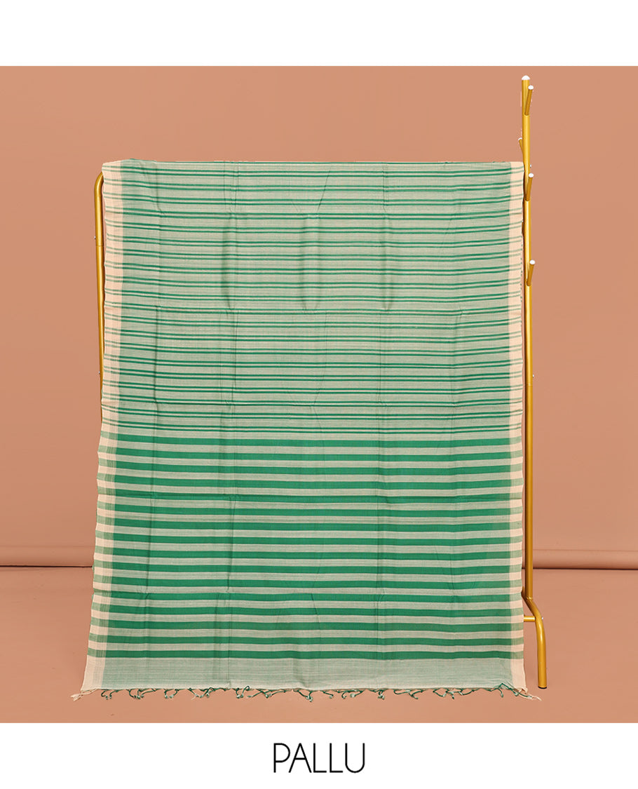 Borderless Green Striped Mangalgiri Cotton Saree, Subtly Striped Pallu and Paired with a Matching Blouse