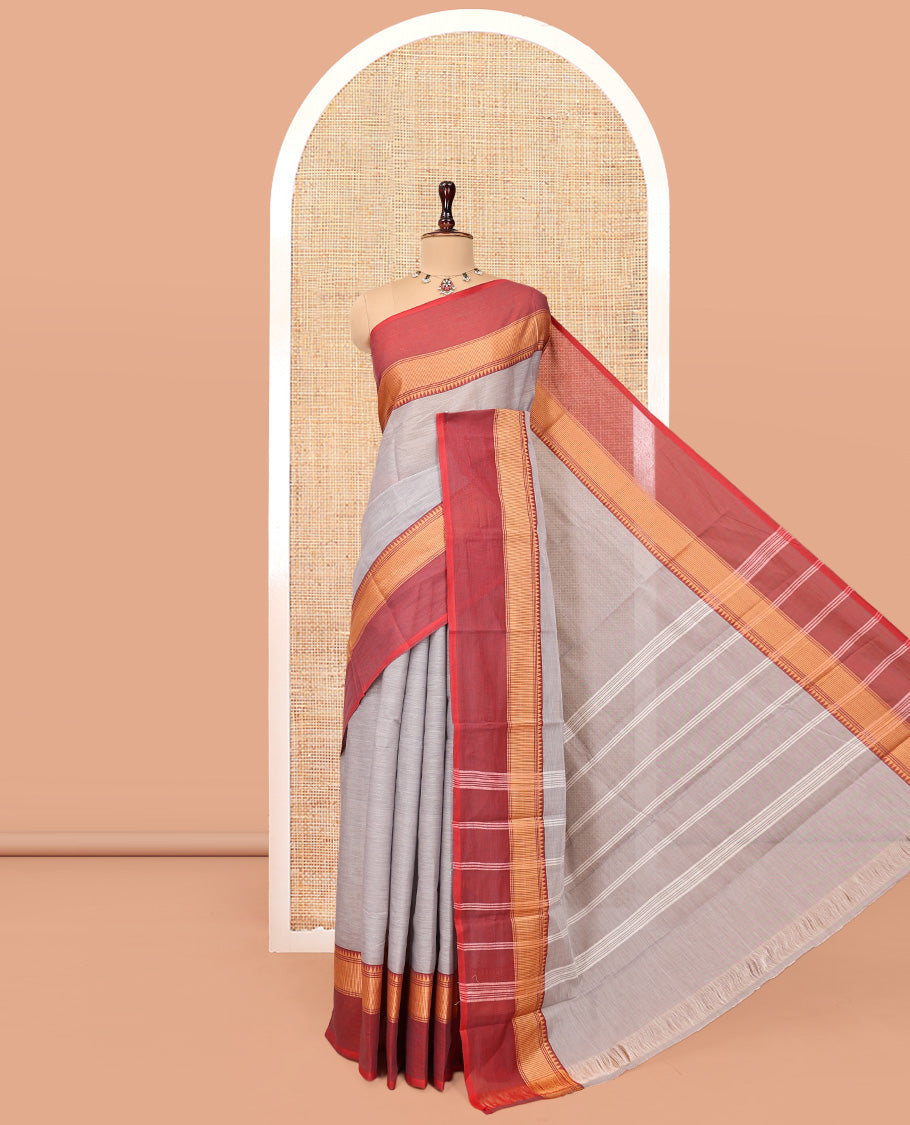 Grey Plain Chettinad Cotton Saree, Complemented by Contrast Temple Traditional Thread Border, Striped Pallu, and a Matching Blouse