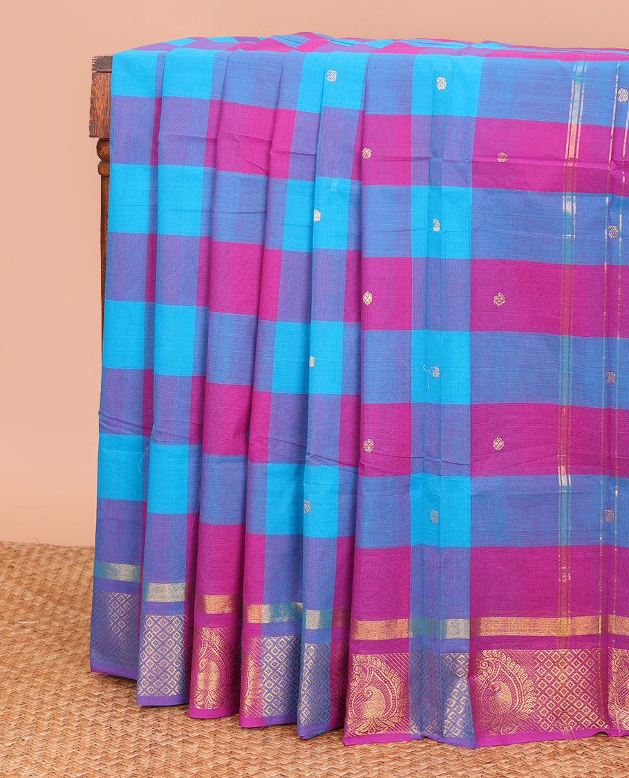 Multi-color checked and buttas Chettinad cotton saree, traditional zari border, and pallu of stripes and buttas