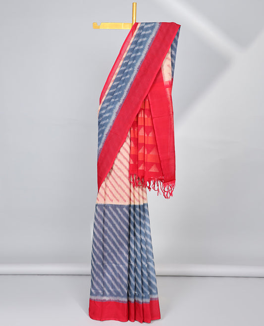 multi Colour and blue striped design ikkat cotton saree with contrast plain border & geometric design pallu
