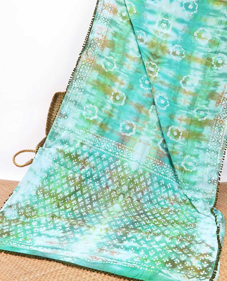 Multi color batik style floral design mul mul cotton saree with geometric design border & floral design pallu
