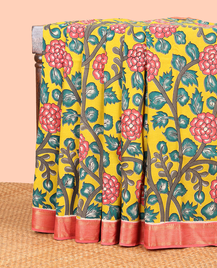 Yellow floral vine design machine-printed kalamkari cotton saree with contrast zari design border & animal motif pallu