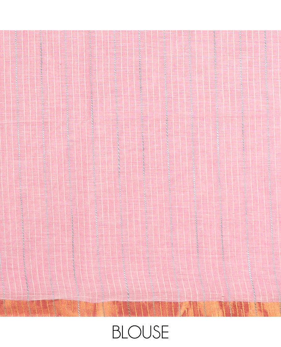 Green plain jute cotton saree, zari border, and striped pallu