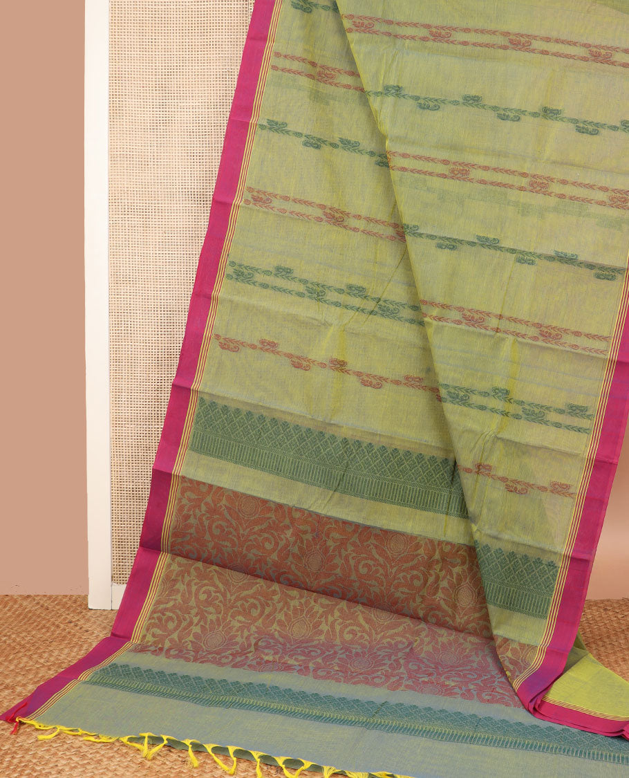 Green thread buttas Kanchi cotton saree, contrast border and pallu of floral designs