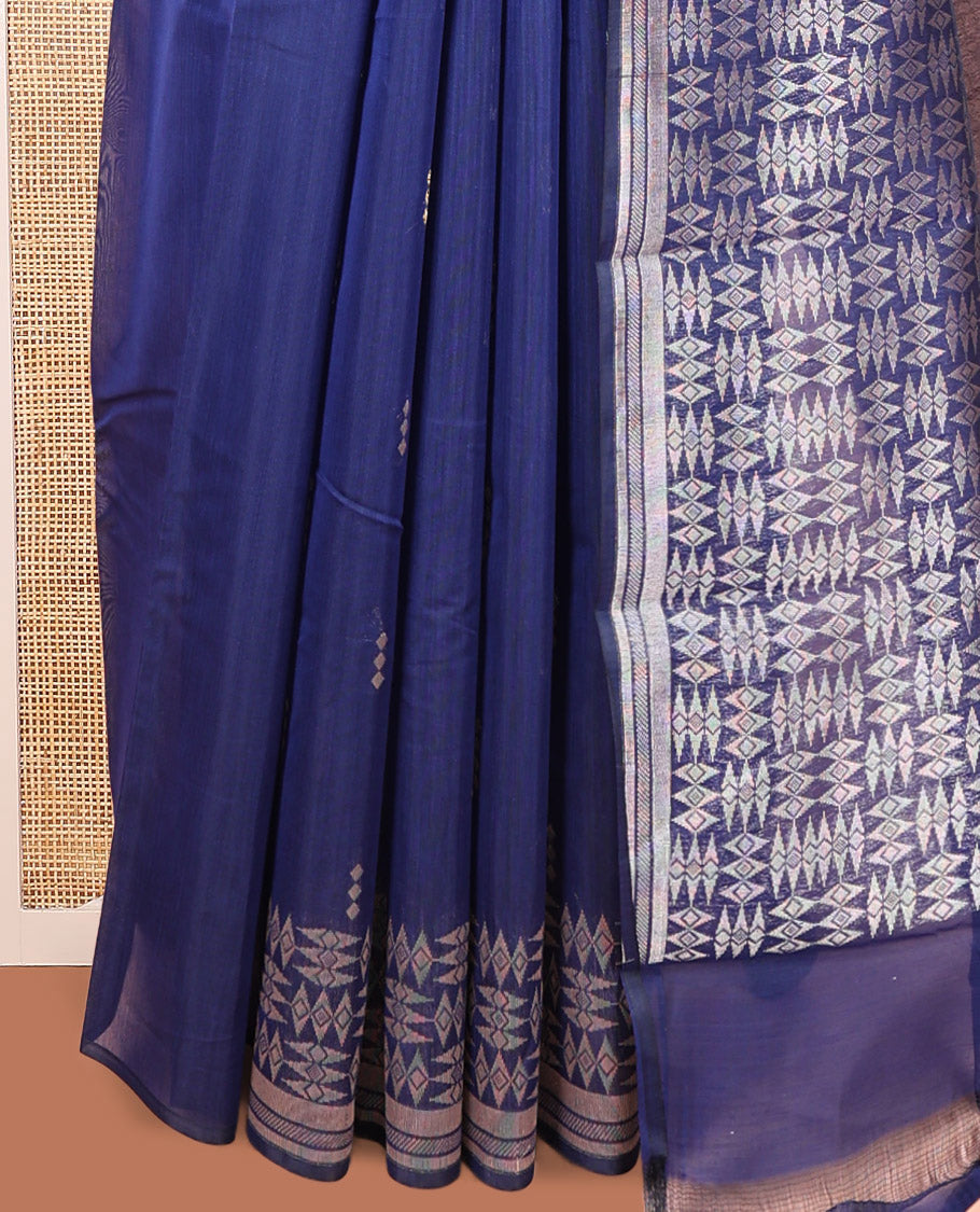 Blue Semi-Silk Cotton Saree, Graced with Buttas All Over Its Body, Highlighted by a Zari Border of Geometric Designs, Pallu of Geometric Designs, and Paired with a Matching Blouse