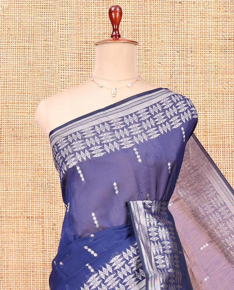 Blue Semi-Silk Cotton Saree, Graced with Buttas All Over Its Body, Highlighted by a Zari Border of Geometric Designs, Pallu of Geometric Designs, and Paired with a Matching Blouse