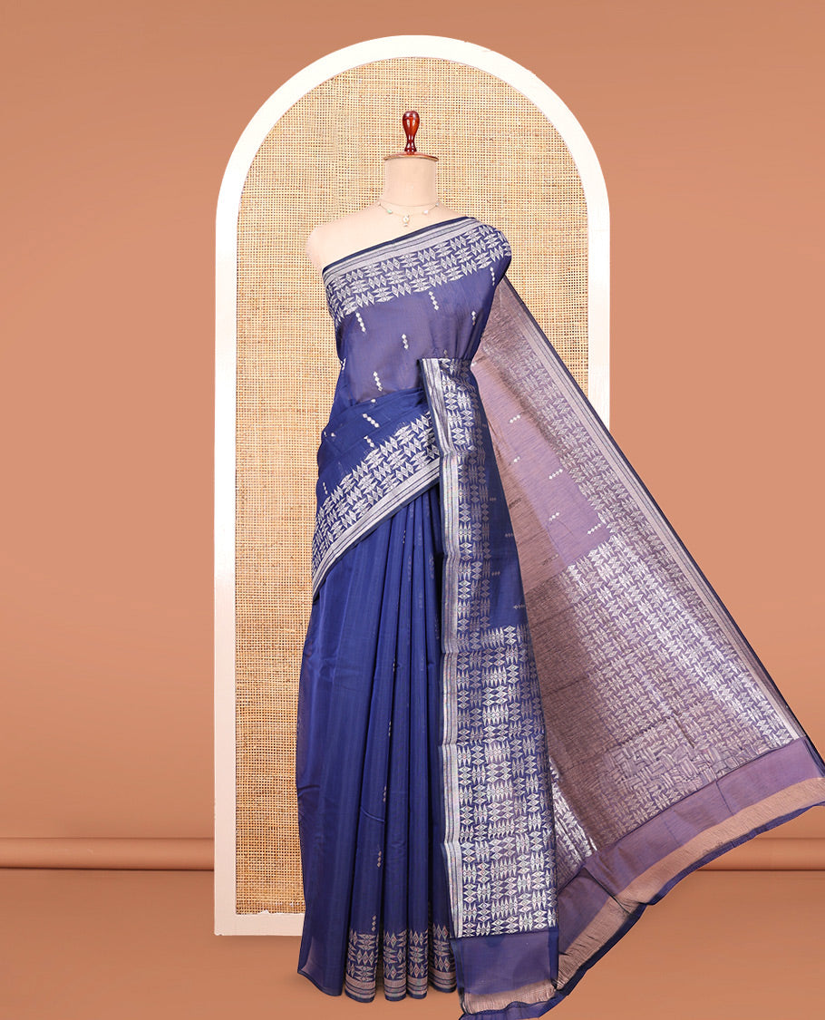 Blue Semi-Silk Cotton Saree, Graced with Buttas All Over Its Body, Highlighted by a Zari Border of Geometric Designs, Pallu of Geometric Designs, and Paired with a Matching Blouse