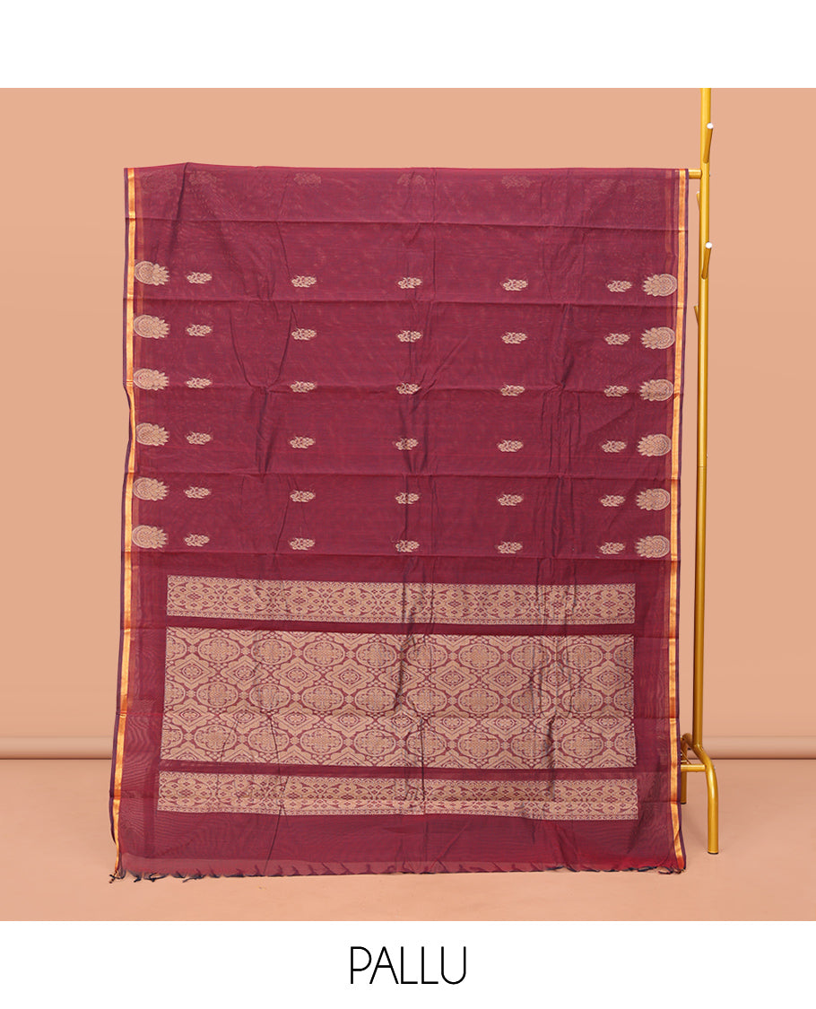Wine Kanchi Cotton Saree, Elevated with Buttas on Its Body, a Subtle Border, Intricately Designed Pallu, and a Matching Blouse