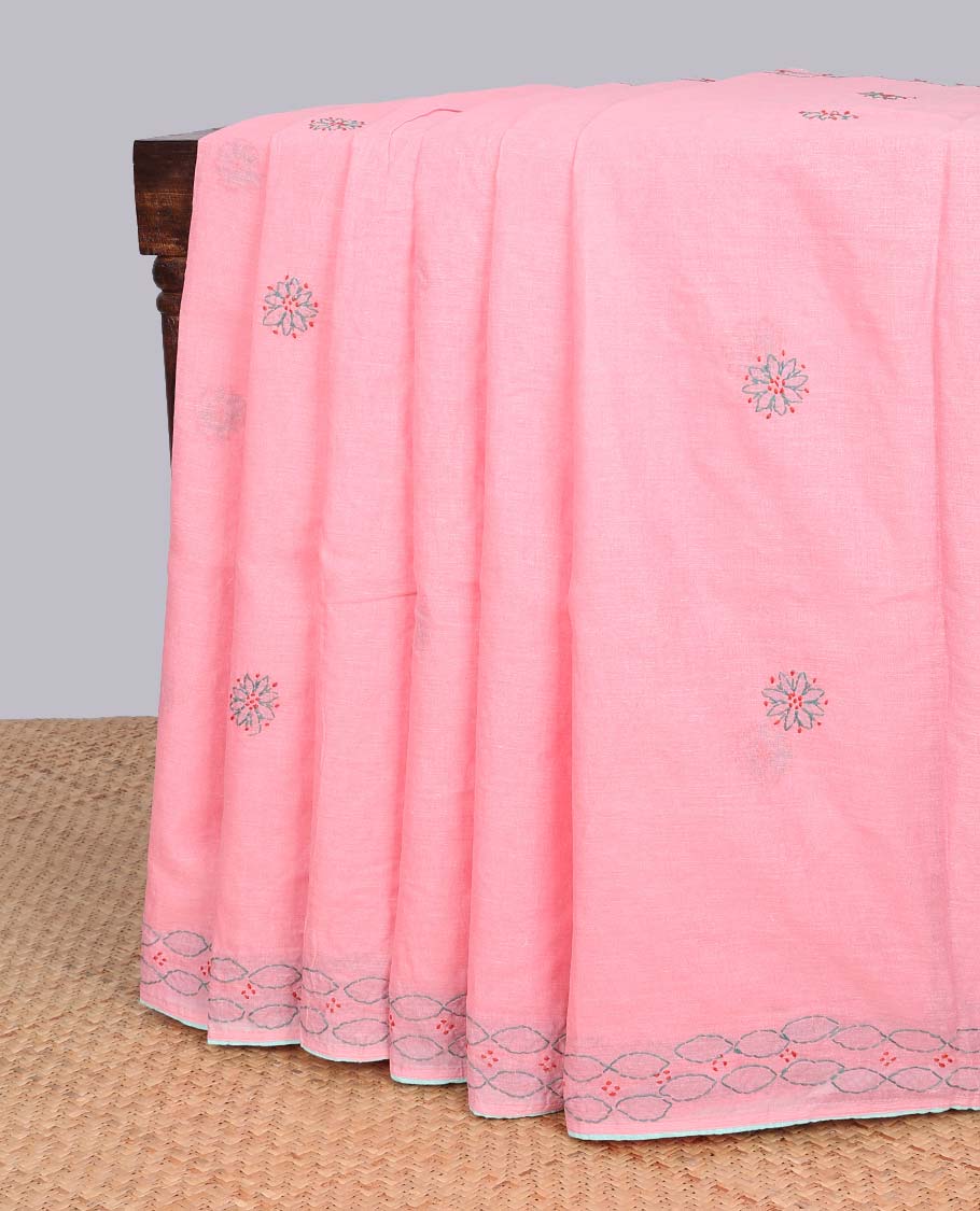 Pink floral embroidery lucknowi chikankari cotton saree, self border & checked enclosed with floral & paisley embroidery