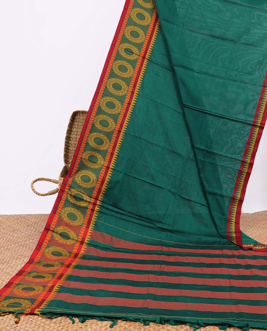 Green narayanapet cotton saree with contrast traditional border and striped pallu