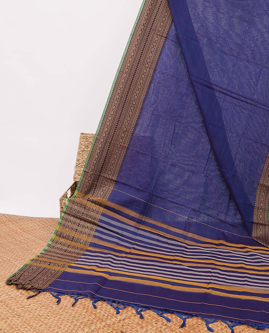 Blue narayanapet cotton saree with contrast intricate zari design border & striped pallu