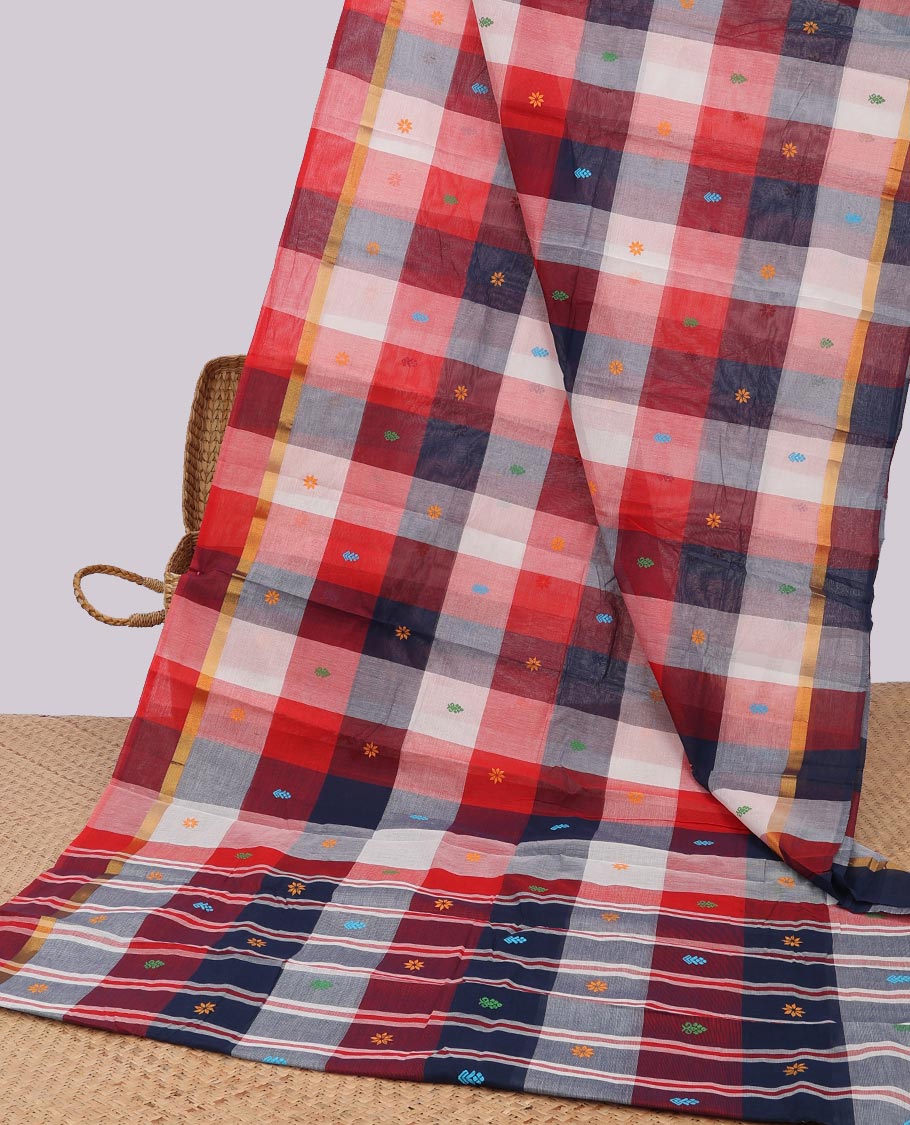 multi-color checked, floral motifs chirla cottton saree with contrast zari border & floral design, striped pallu