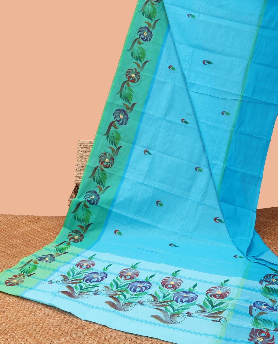 Blue floral motifs chirla cottton saree with contrast floral design border & floral, striped design pallu