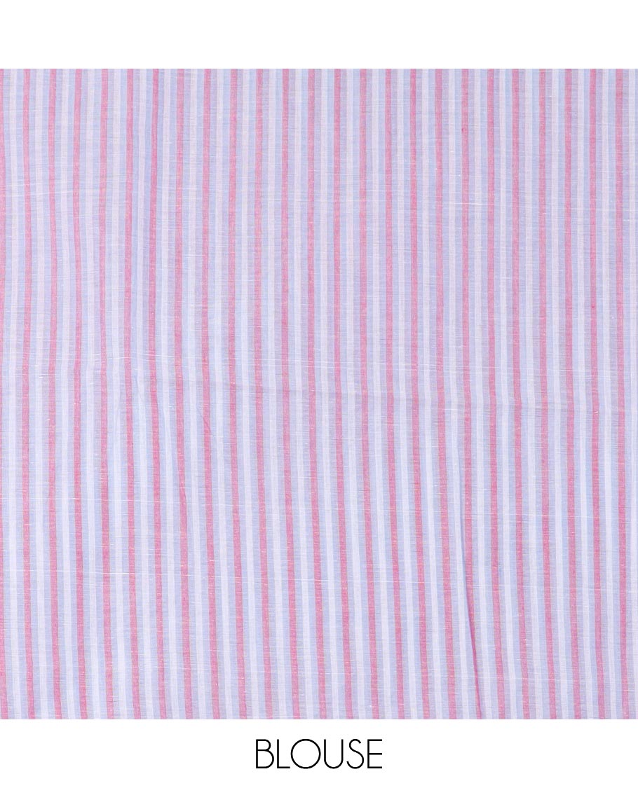 Pale blue vertically striped jute cotton saree, zari border and striped pallu