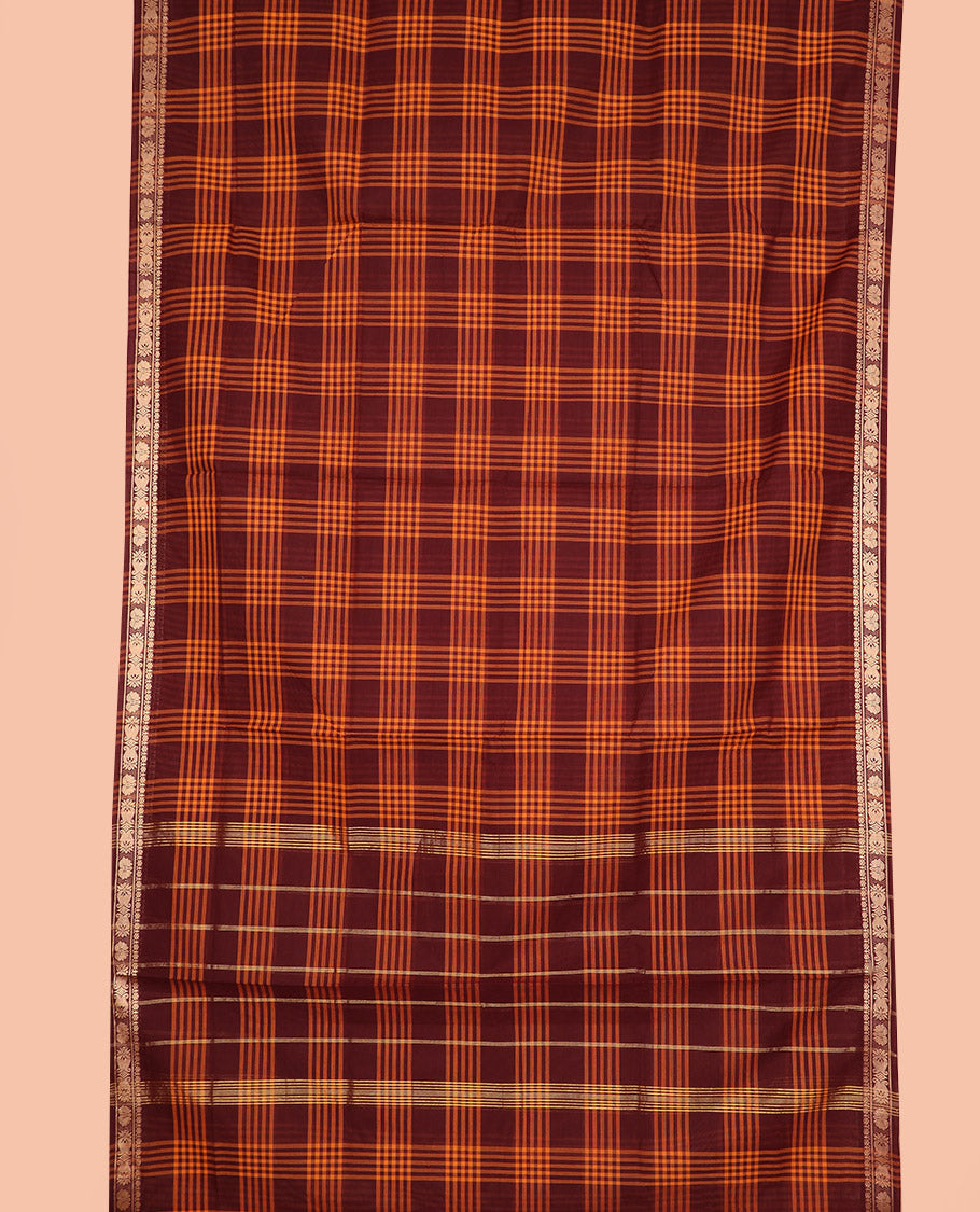 Maroon and orange checked nine-yard cotton saree, traditional motifs border, and striped pallu