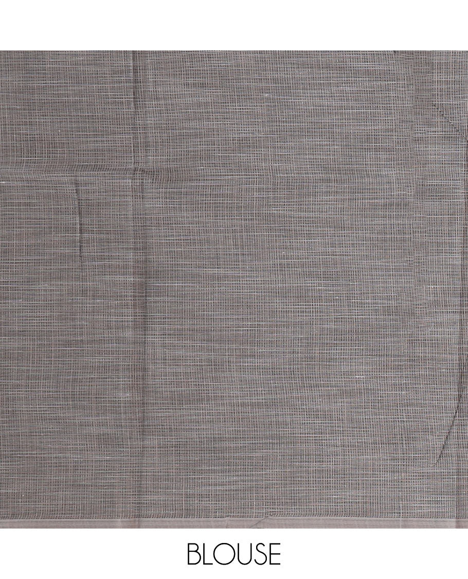 Beige square buttas woven cotton saree, contrast plain border and pallu features a pink flower with stem motifs