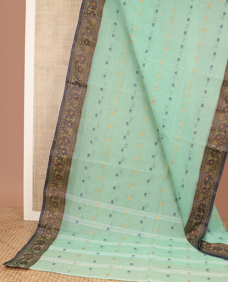 Pista green thread buttas Bengal cotton saree, contrast meena floral creeper border, and striped pallu
