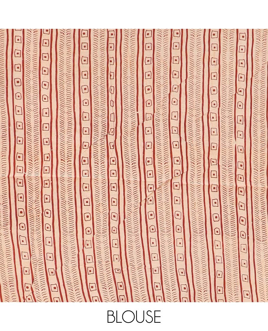 Cream floral, and sparrow machine printed kalamkari cotton saree, contrast floral-peacock border, and pallu of peacocks print