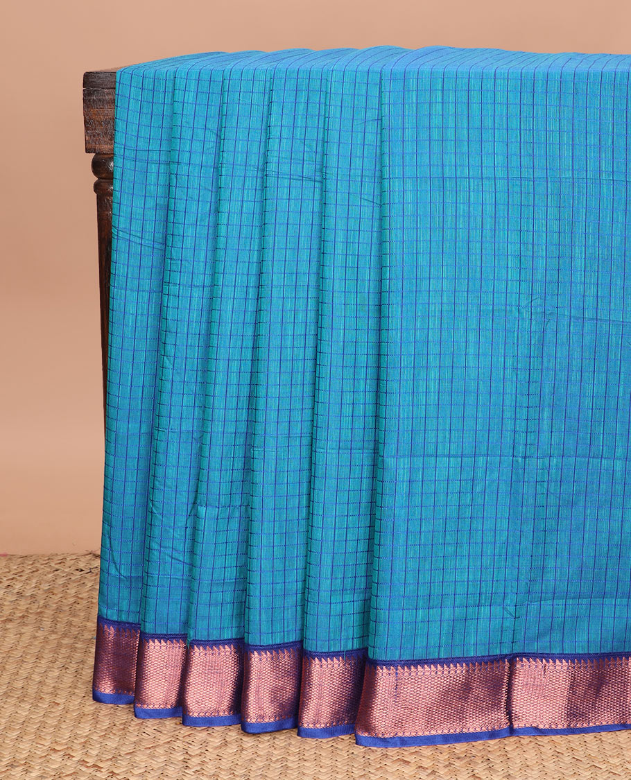 Blue micro checked chirala cotton saree, contrast traditional zari border, and zari design pallu
