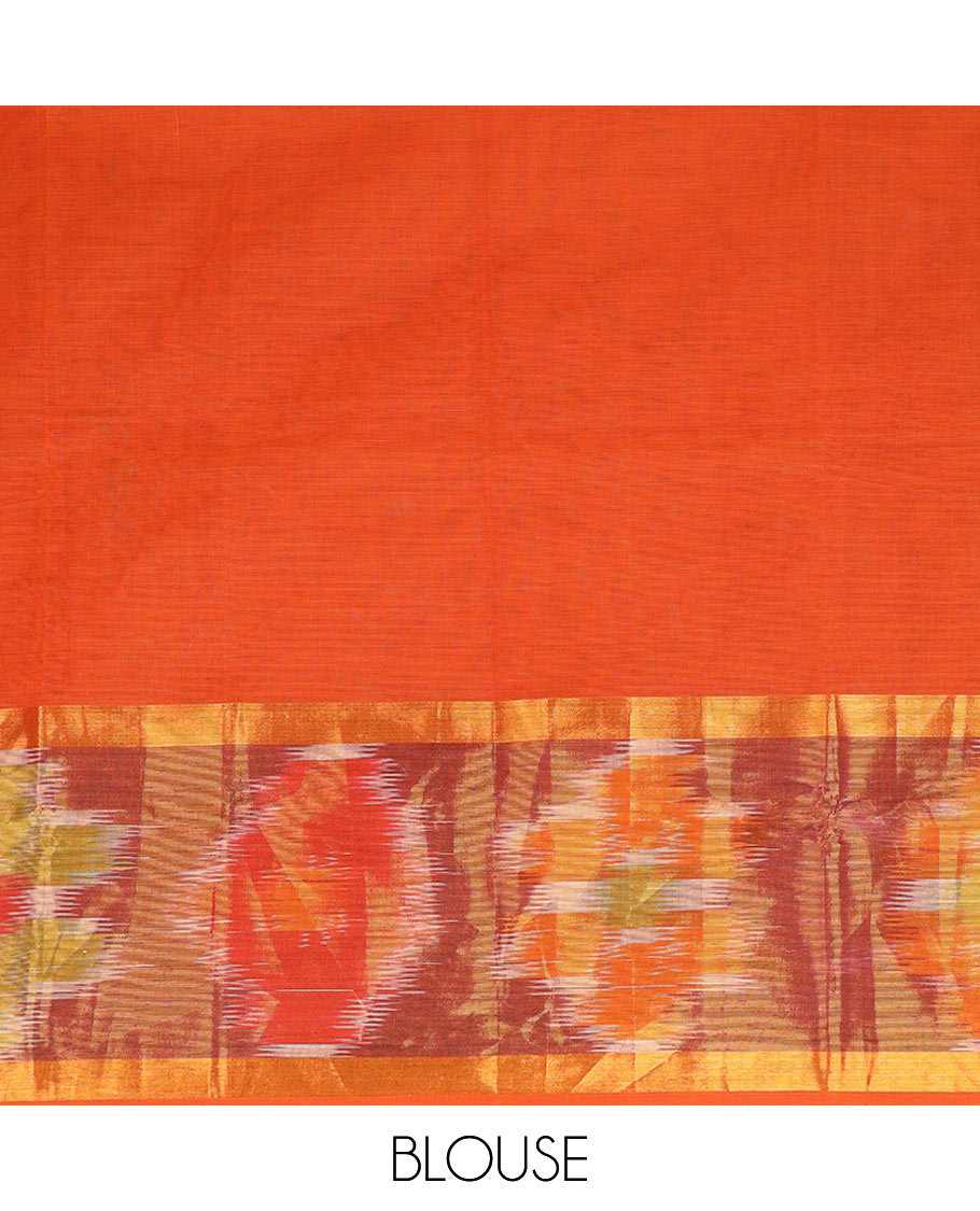 Orange floral and checks printed Andhra cotton saree, ikkat zari border, and pallu of floral designs