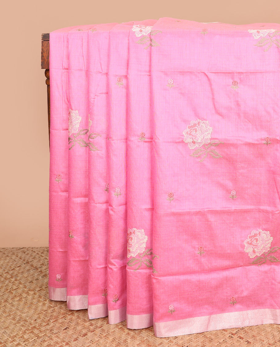 Pink floral embroidered chirala cotton saree, plain border, and contrast block printed pallu