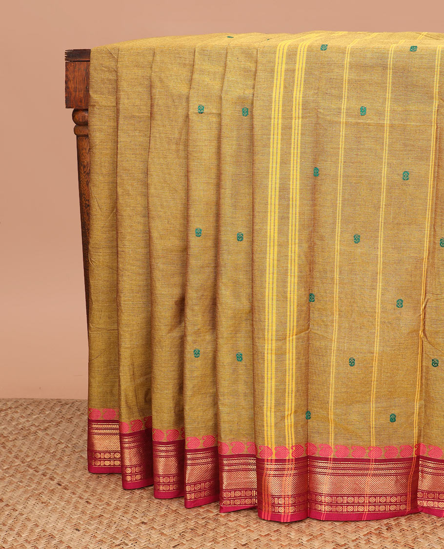 Mustrad thread buttas Chettinad cotton saree, contrast traditional design border, and striped pallu