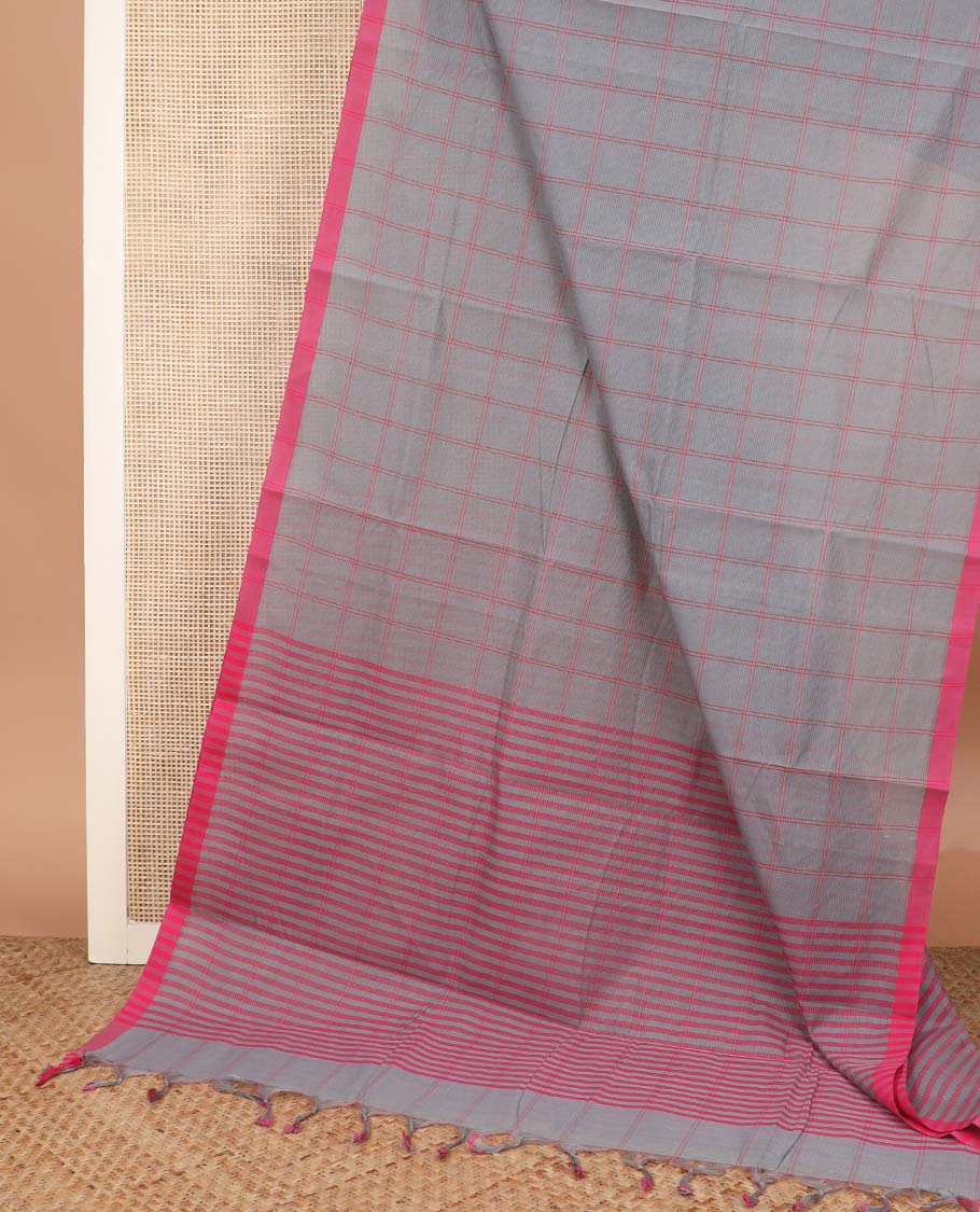 Grey checked Mangalagiri cotton saree with contrast border, striped pallu, and a contrast kalamkari floral printed blouse