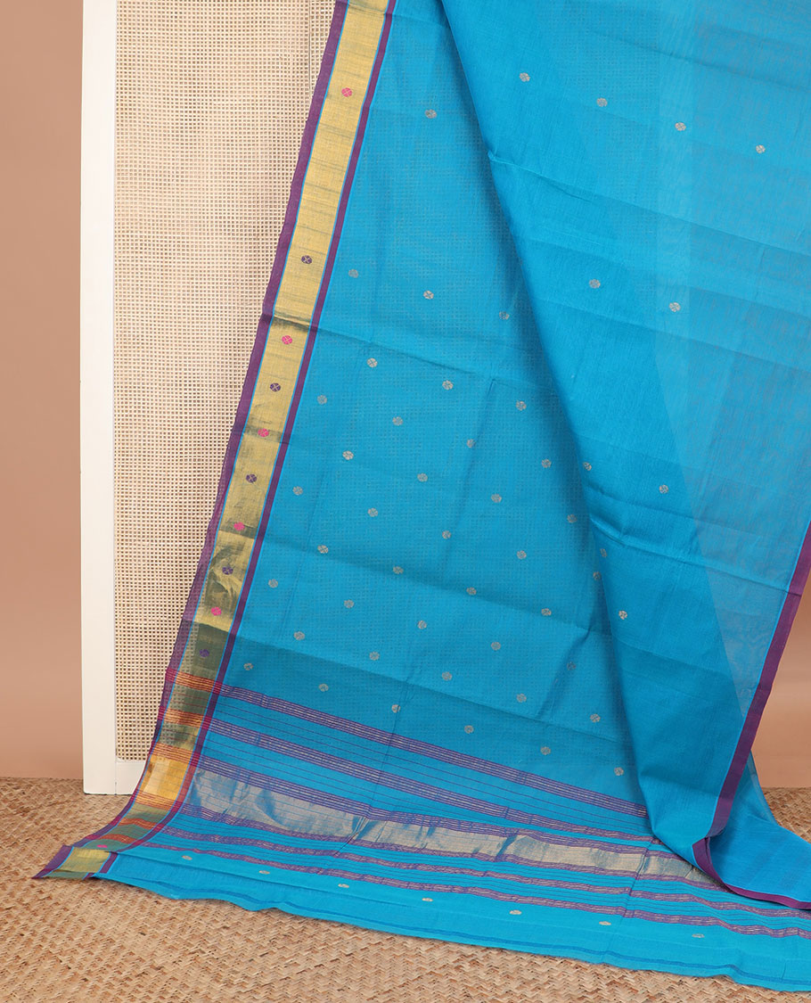 Azure blue zari buttas Venkatagiri cotton saree, contrast zari and thread work border, and zari striped pallu