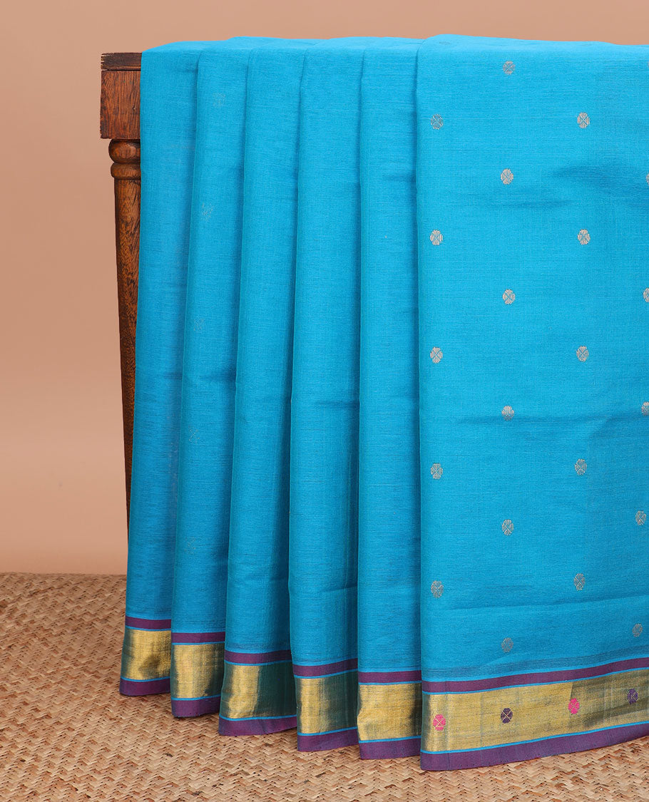 Azure blue zari buttas Venkatagiri cotton saree, contrast zari and thread work border, and zari striped pallu