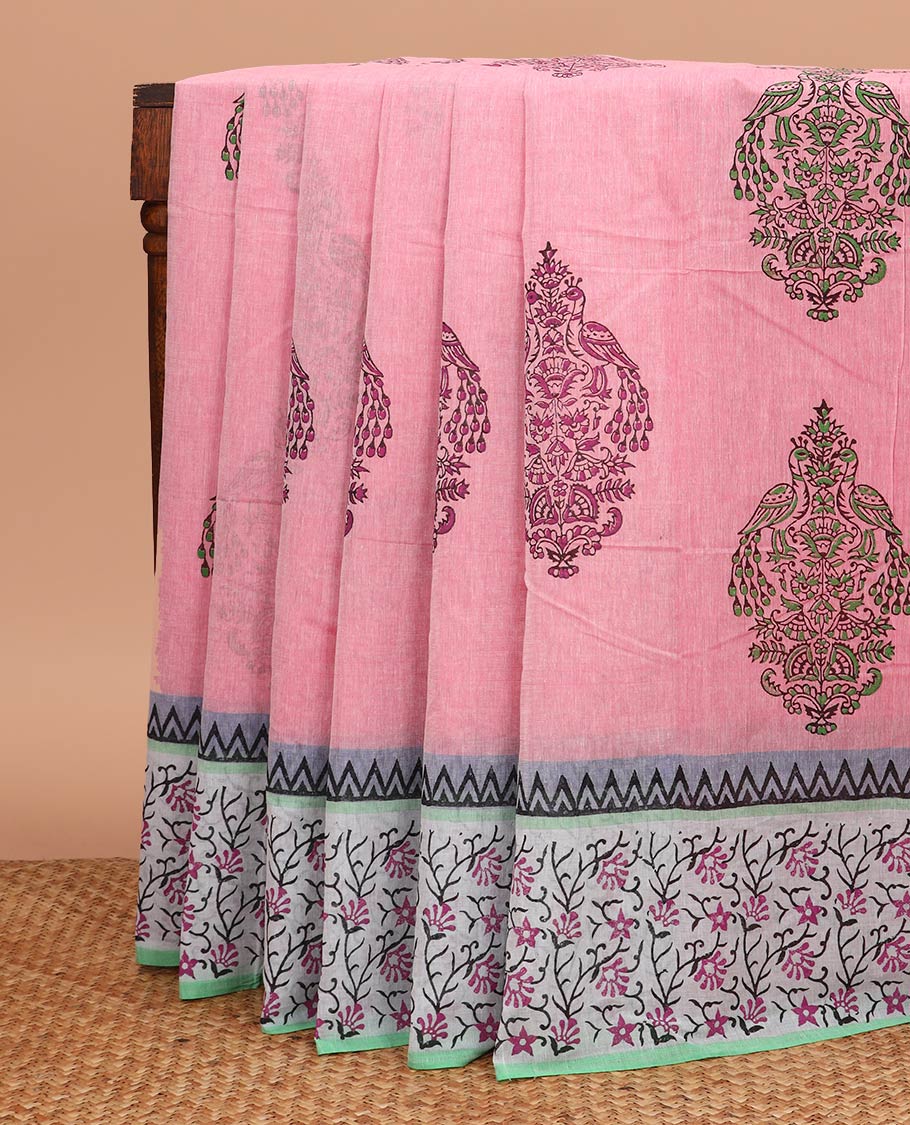 Pink peacock motifs printed chirala cotton saree, contrast temple and floral vine printed border, and pallu of stripes and peacock print